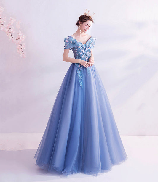 Blue tulle lace long prom dress A line formal dresses 10455