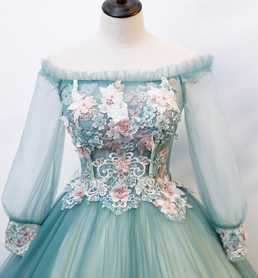 Green tulle lace long ball gown dress formal dress 8617