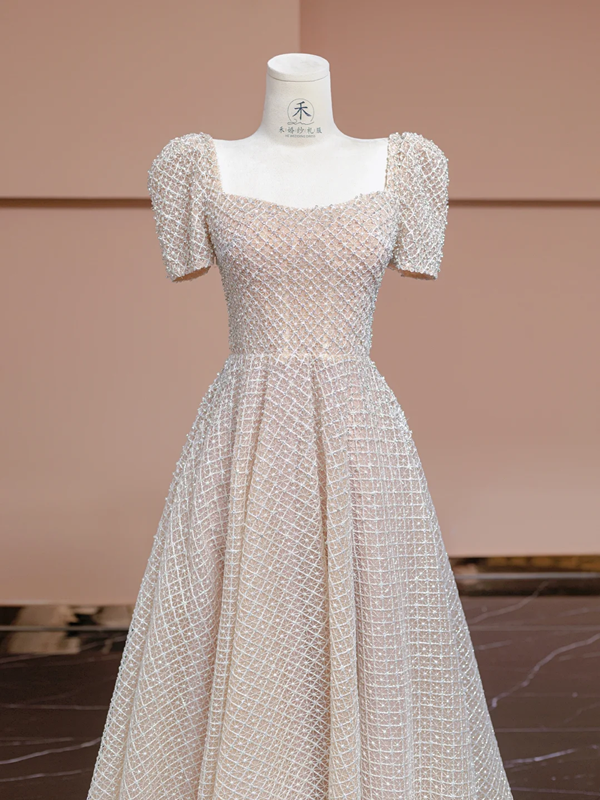 Nude pink square neckline, fitted waist, A-line skirt, long elegant ball gown, bridal dress R8305