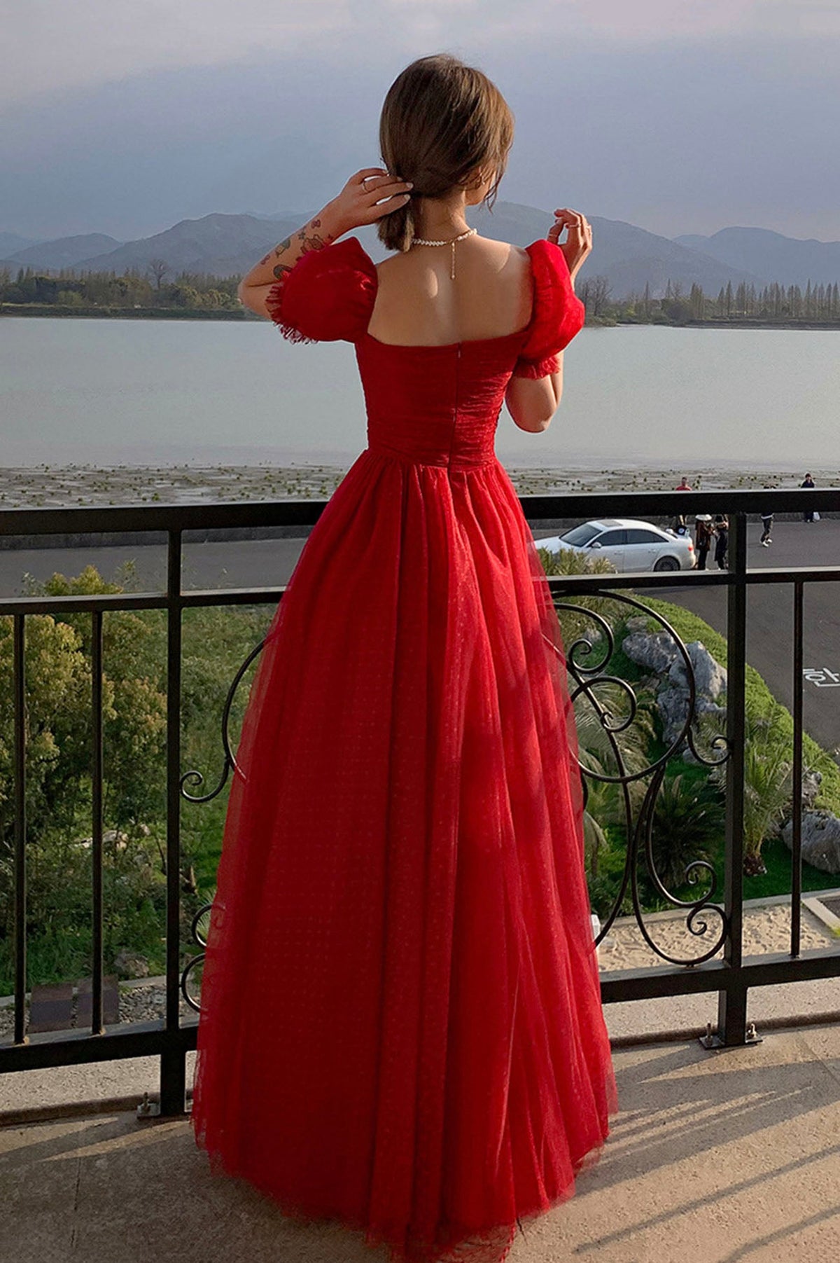 Red tulle long prom dress A line evening dress 10602