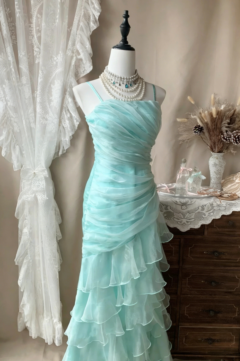 Mint Green Layered Mermaid Evening Gown gh7112