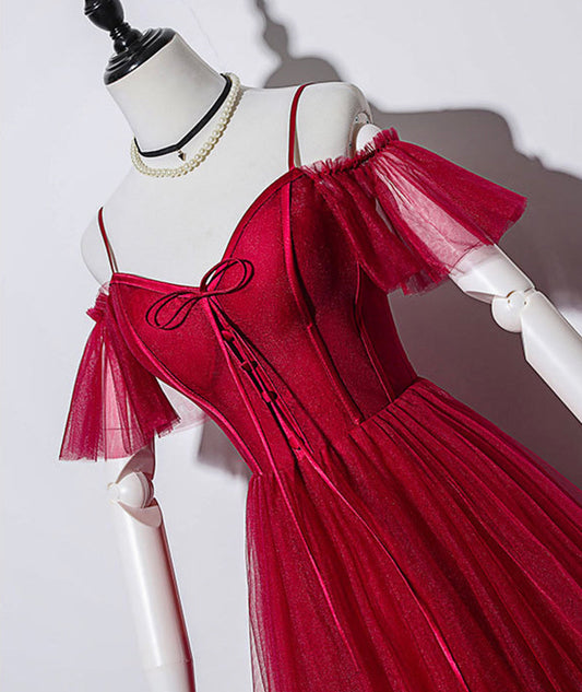 Burgundy tulle long prom gown formal dress 8496