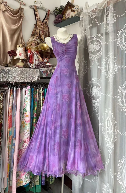 Long Sleeveless Waist-Cinched Purple Printed Ball Gown R7404