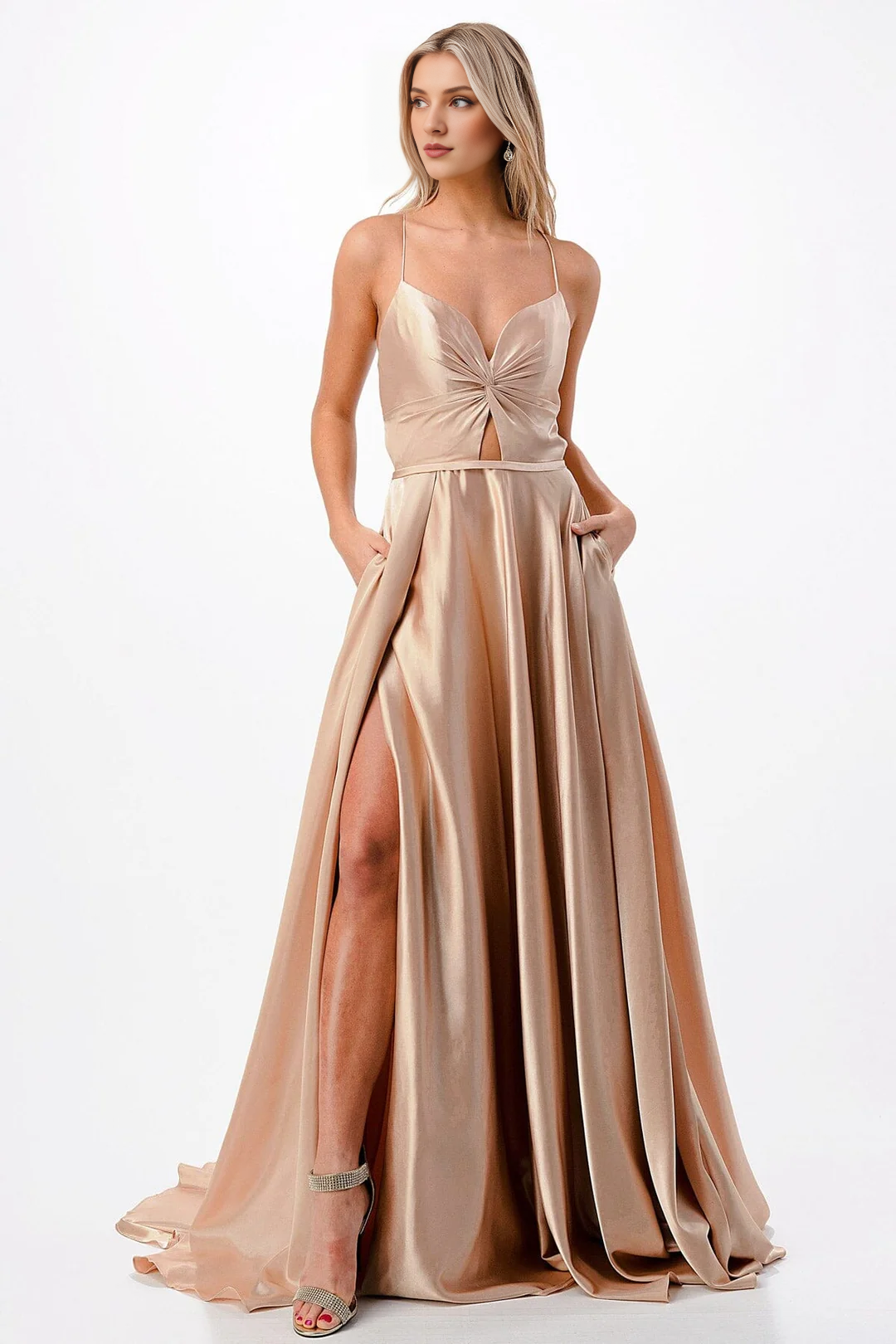 A-line slit skirt satin long sleeveless dress