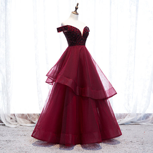 Burgundy tulle long prom gown formal dress 8270