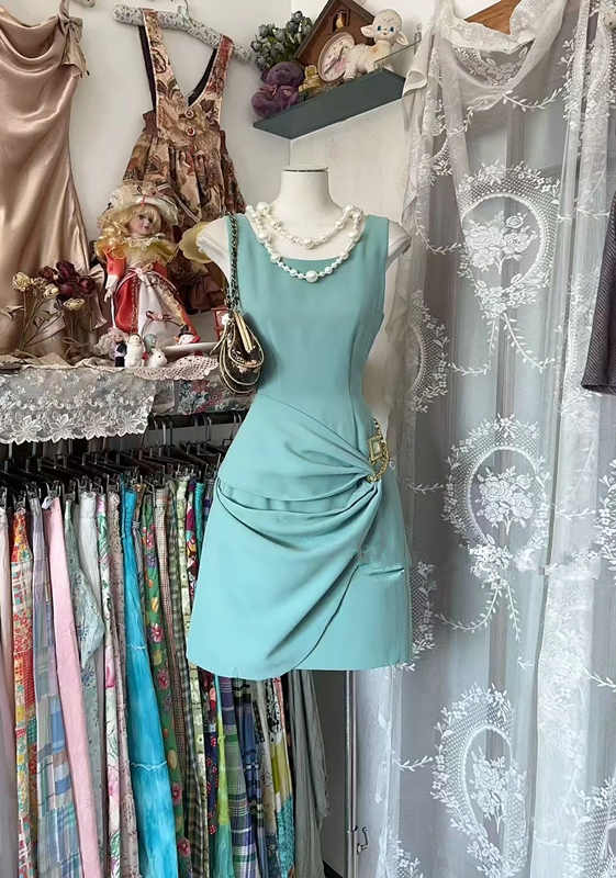 Light green sleeveless fitted waist bodycon mini dress, prom dress R7485
