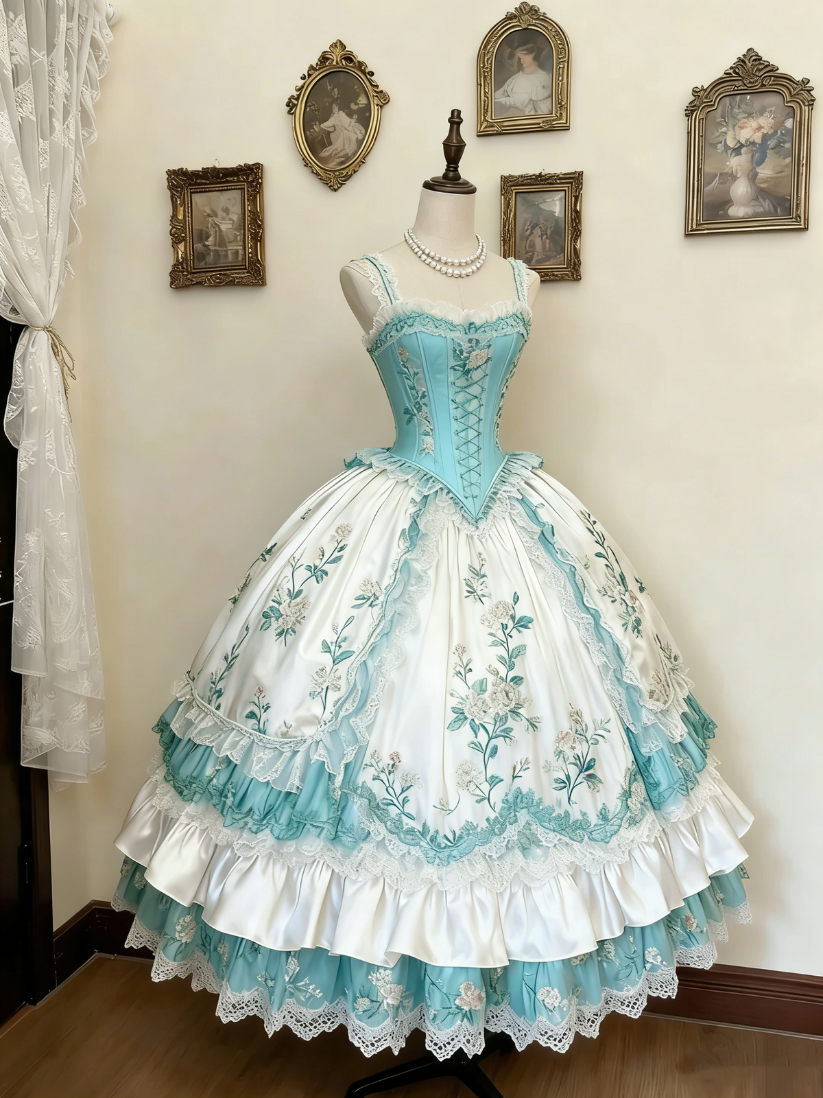 Green and White Rose Rococo Palace Dress gh6781