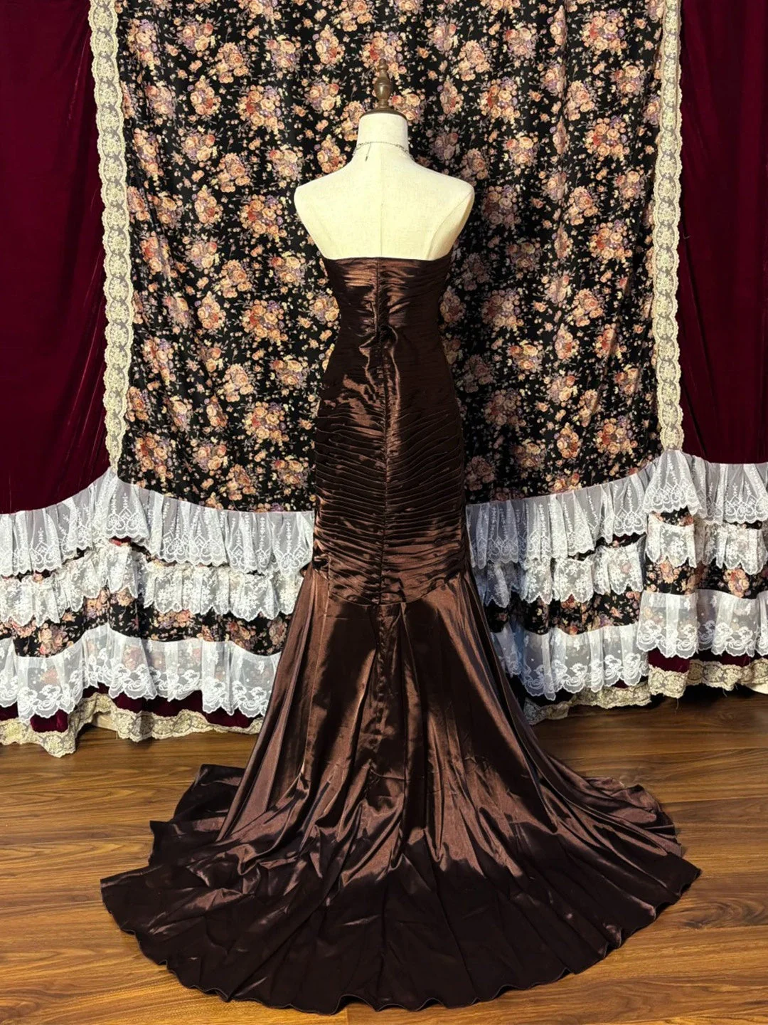 Vintage Strapless Chocolate Asymmetrical Satin Pleated Beaded Mermaid Long Party Dress Evening Dress Prom Dresses SP1600