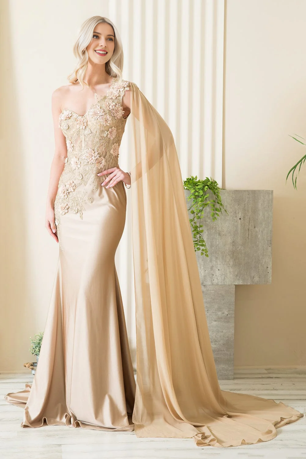 3D floral decal long one shoulder tight corset cloak dress