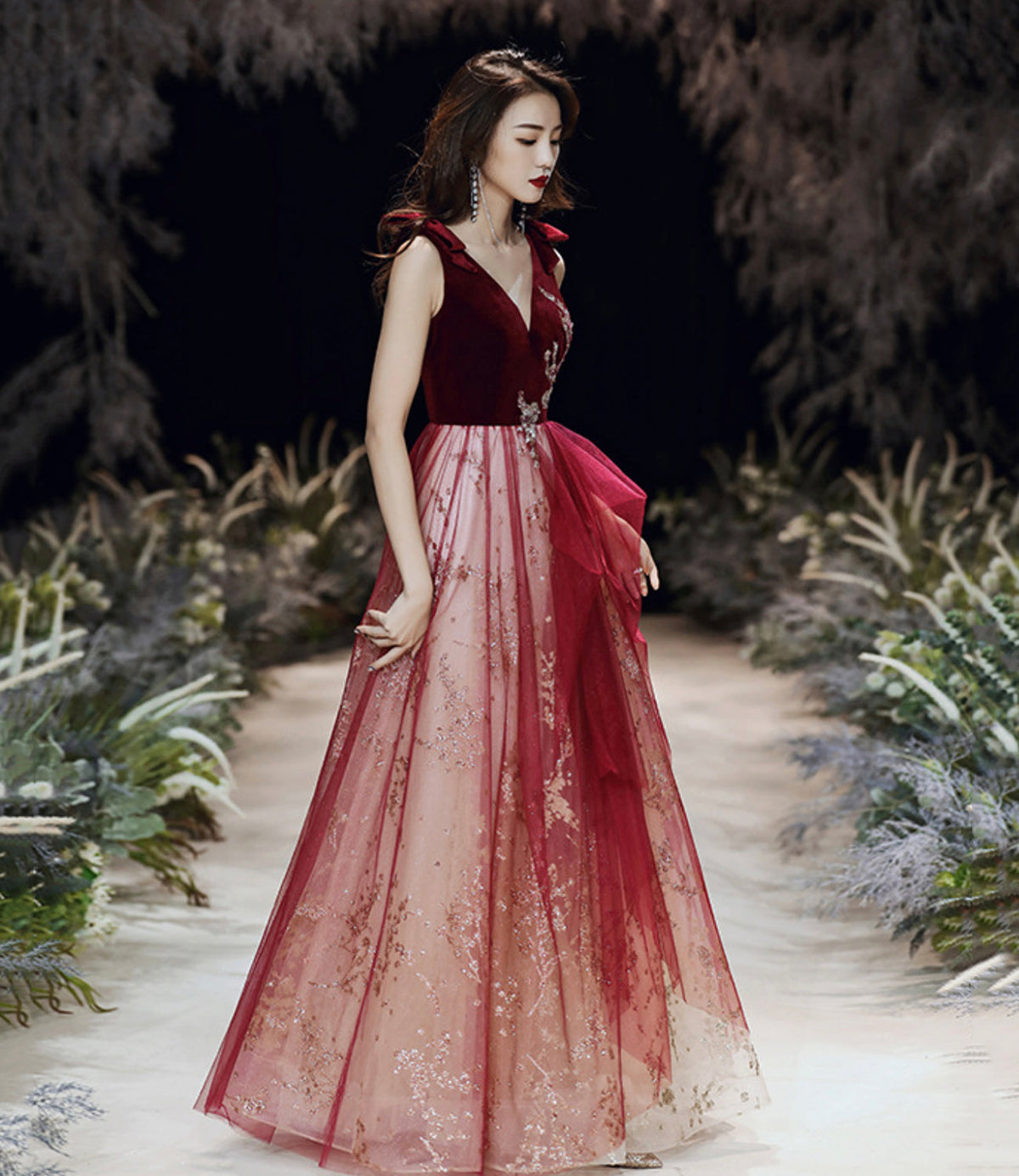 Burgundy velvet long prom dress A line evening gown 10495