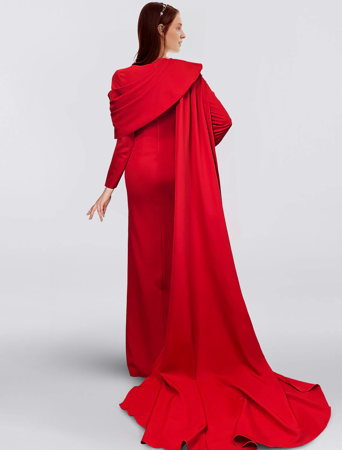 Sheath / Column Red Black Christmas Red Green Dress Evening Gown Elegant Cape Dress Formal Fall Sweep / Brush Train Long Sleeve Cowl Neck Fabric with Buttons Slit 2026