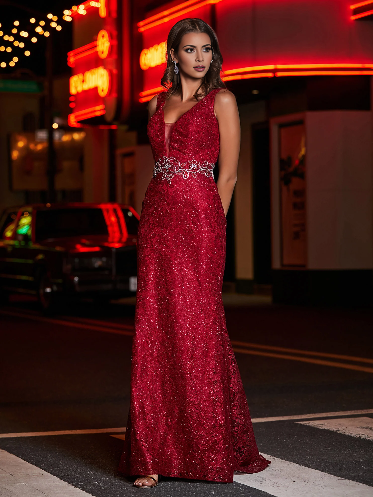 Long tight deep V-neck lace dress