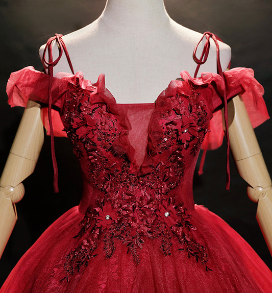 Burgundy lace long ball gown dress formal dress 8618