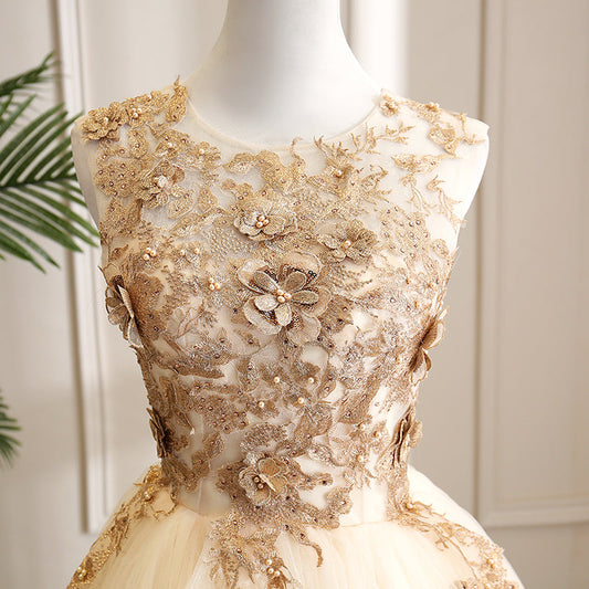 Champagne tulle lace long prom gown formal dress 8250