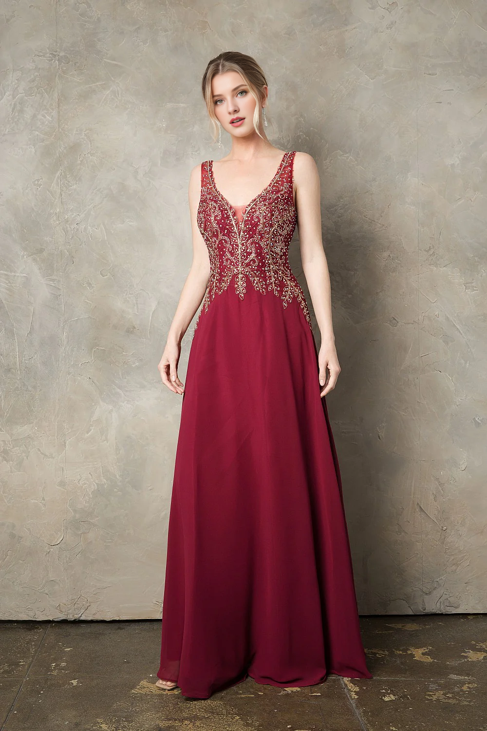 A-line skirt bead embroidery long sleeveless chiffon dress