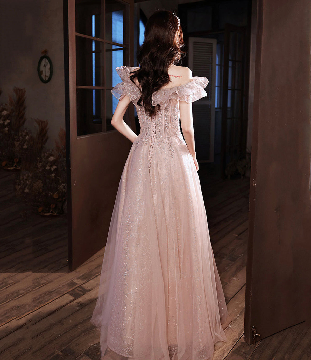 Pink tulle beads long prom dress A line evening dress 10487