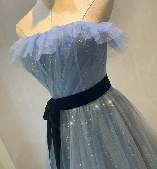 Blue tulle long prom dress blue evening dress 8607