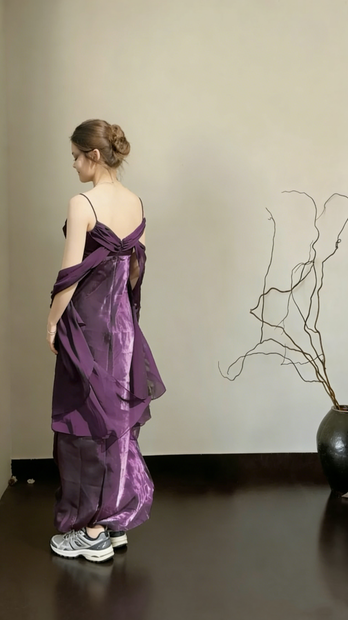 Elegant Spaghetti Straps Purple Satin A Line Long Wedding Guest Dress Evening Dress With Ribbon SP1508