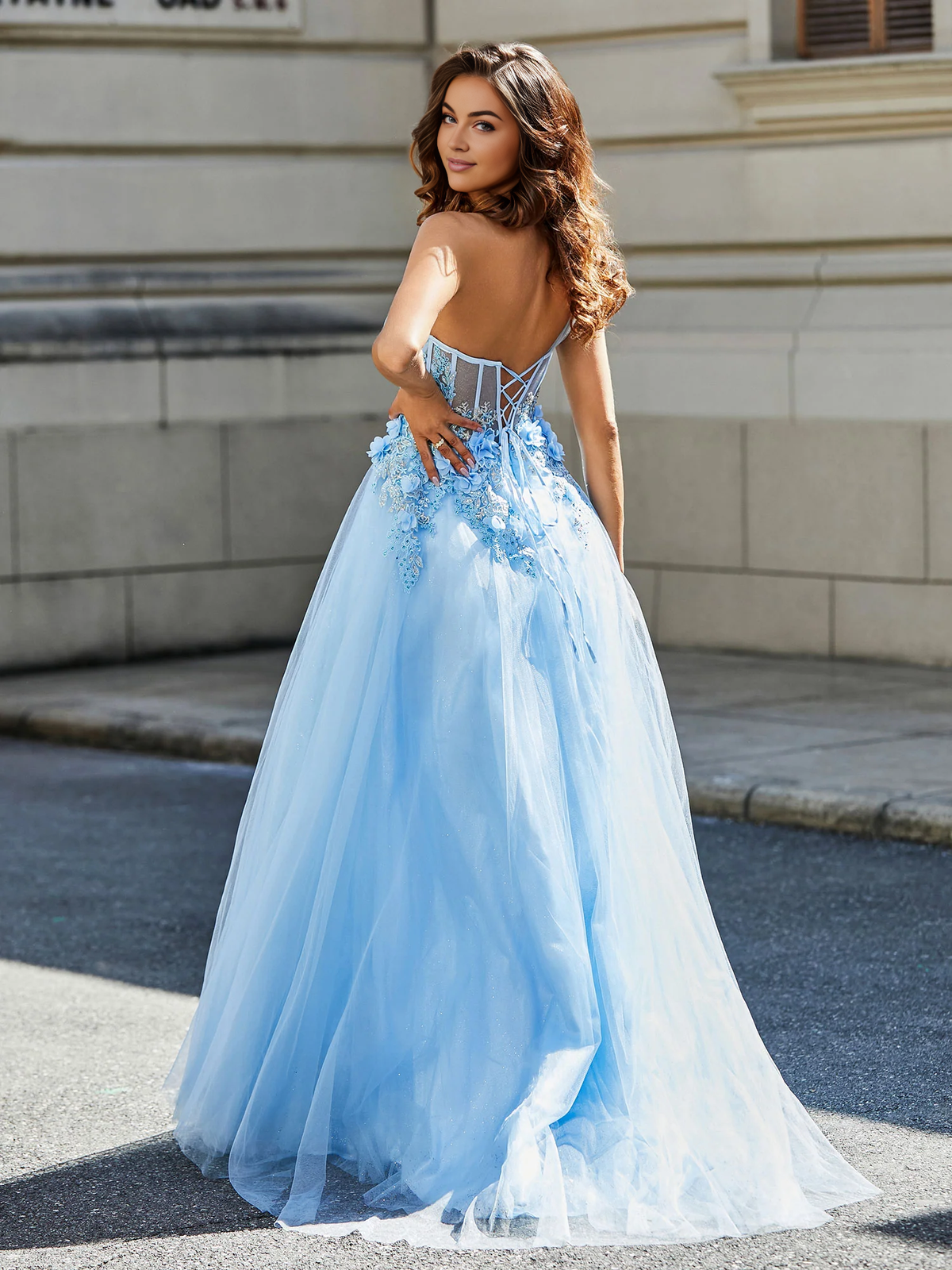 Flower decal dress height slit chiffon Prom dress