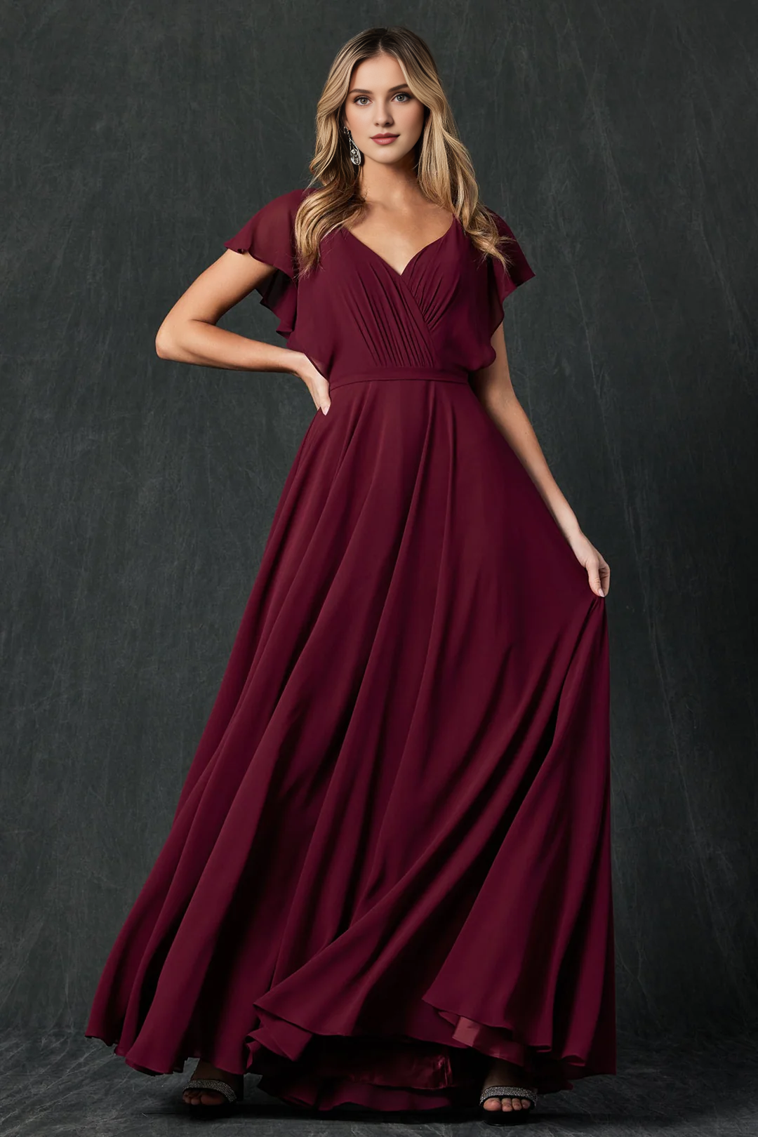 Stacked back transparent flowing sleeve chiffon dress