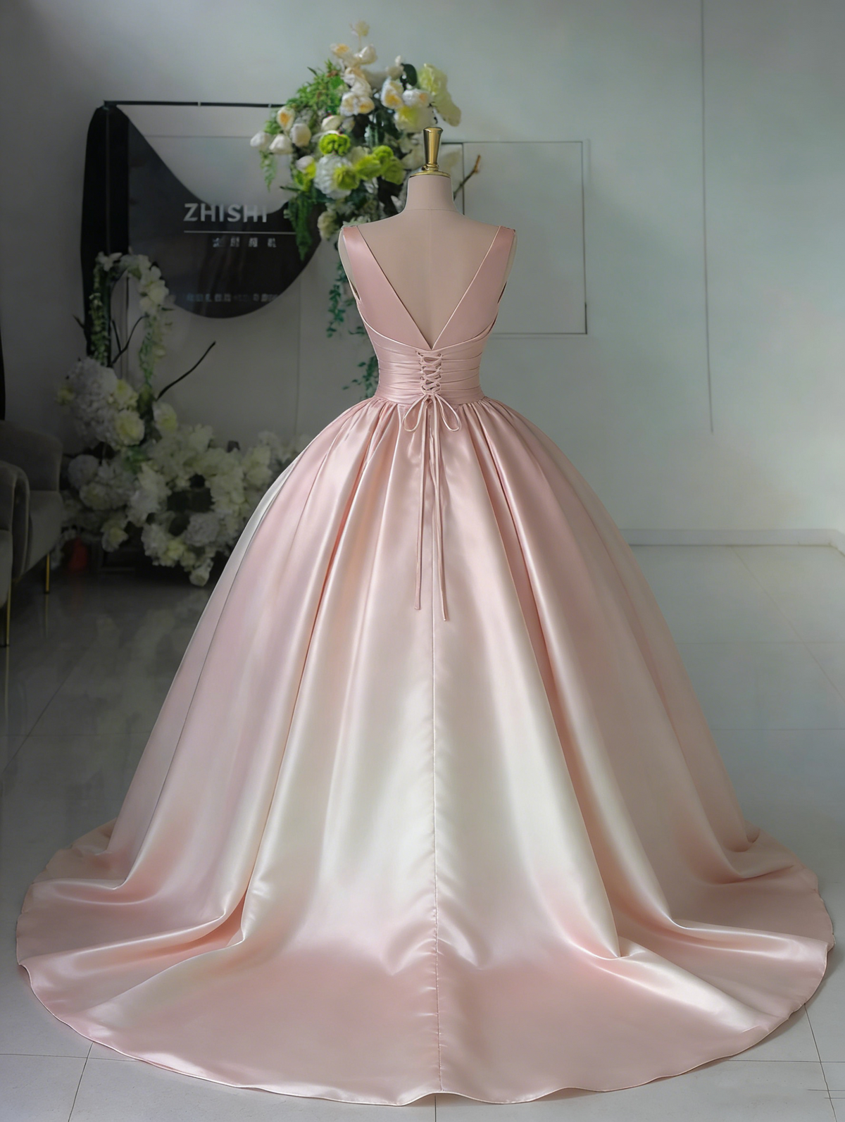Glamorous Gradient Pink V-Neck Satin Bow-tie A-Line Prom Dress Evening Dress TP2704