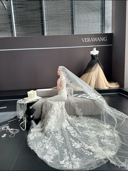 White sleeveless lace waist slim fishtail skirt floor-length wedding dress R6046