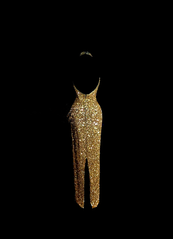 Gold sequined halter-neck fitted sexy ball gown R6625