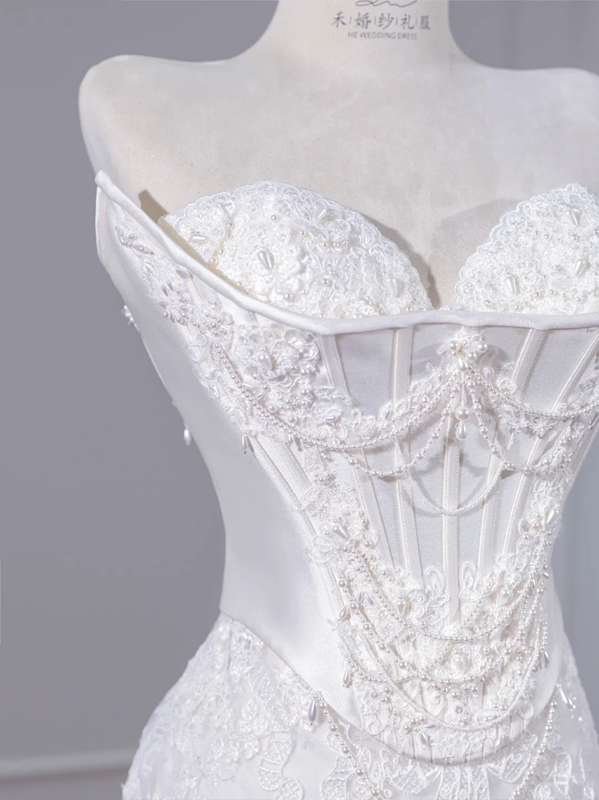 White strapless fishtail bodice, sexy bodycon skirt, long ball gown R8265