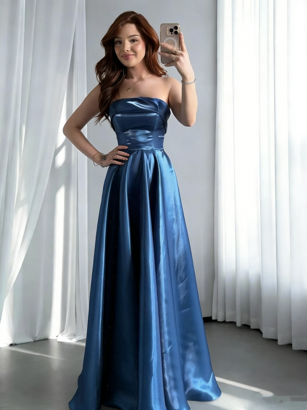 Fashion Strapless Blue Satin A Line Evening Dress Long Wedding Guest Dress SP1710