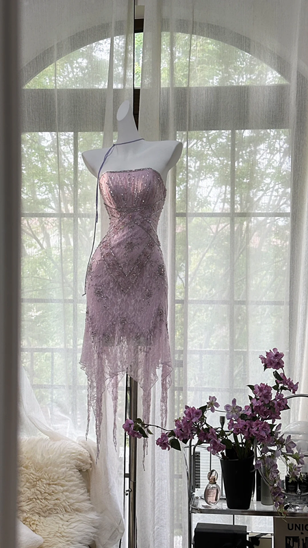 Light purple strapless fitted waist slim-fitting ball gown with an asymmetrical hem R7660