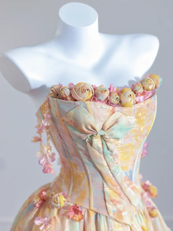 Warm yellow tie-dye strapless waist-cinching long ball gown with a full skirt R8266
