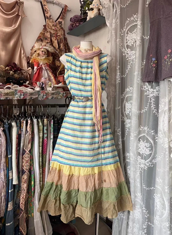 Multi-colored striped sleeveless fitted waist long ball gown R7464