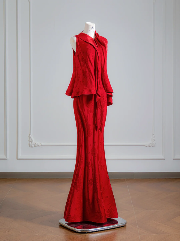 Red sleeveless fitted top and bodycon skirt suit, ball gown/bridal gown R8132