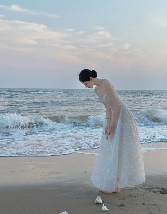 White sheer spaghetti‑strap waist‑cinched slim‑fit appliqué long prom gown, wedding dress R8012