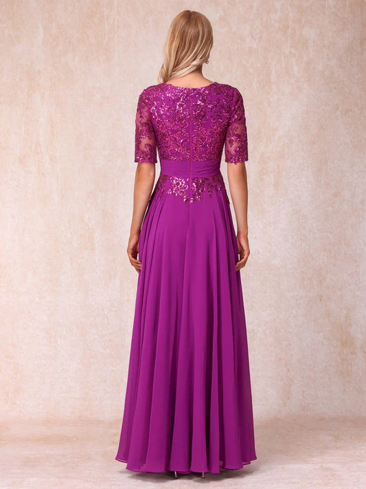 A-line/princess V-neck half sleeved shiny long style official mother of the bride dress
