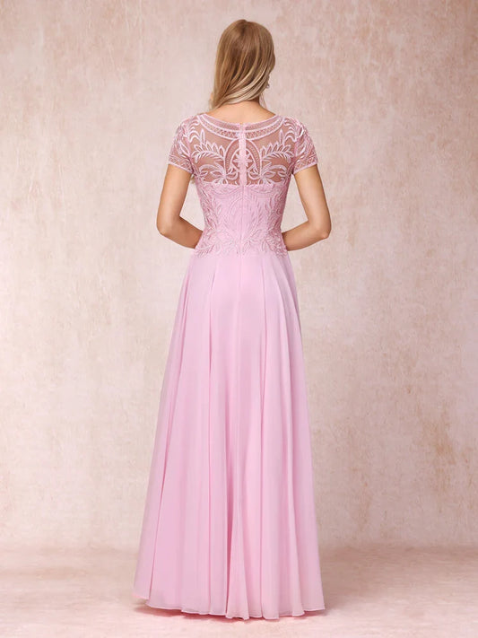 A-line/princess transparent collar short sleeved long with decal mother of the bride dress