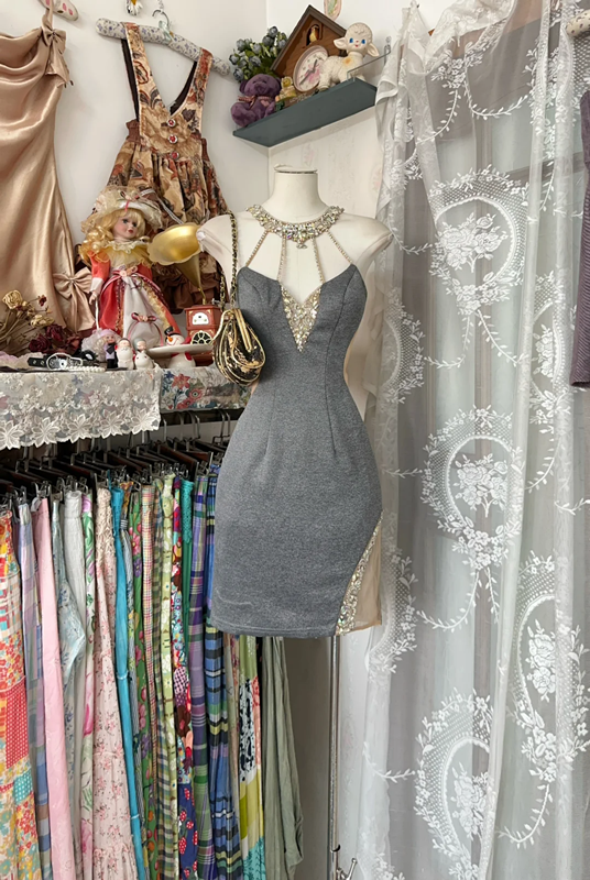 Gray halter neck suspenders waist slim hip short skirt prom dress R6189