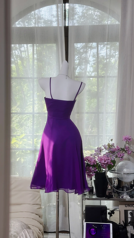 Purple halter-neck fitted midi ball gown R7623