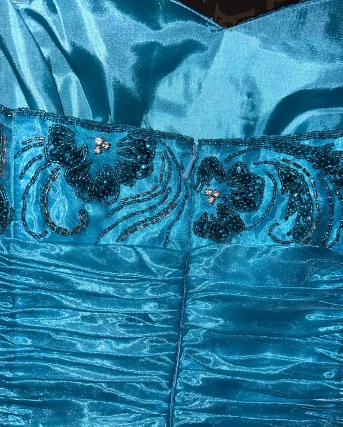 Elegant Strapless Blue Strapless Organza Beaded Mermaid Long Prom Dress Party Dress SP950
