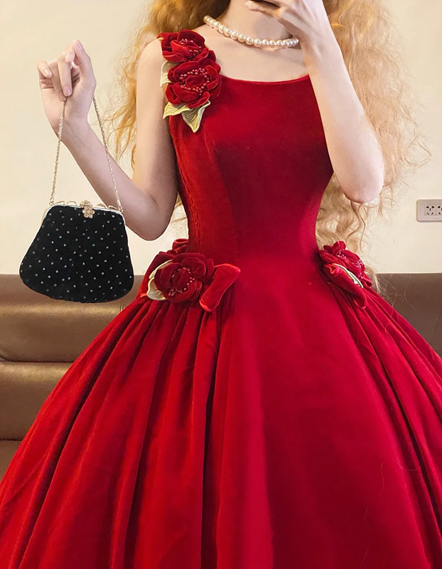 Red Spaghetti Strap Vintage Waist-Cinched Puff-Skirt Ball Gown & Bridal Gown R7389