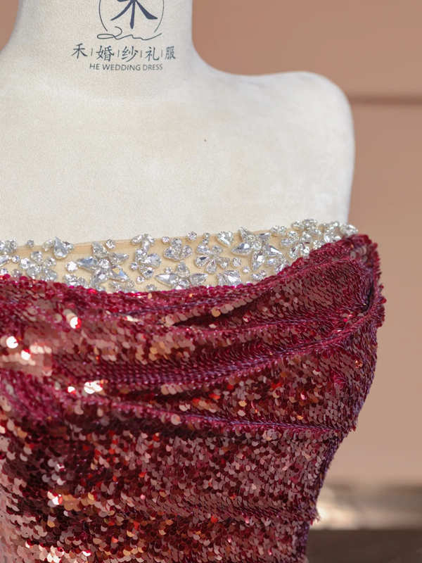 Red sequined strapless fitted waist bodycon long ball gown/bridal dress R8298