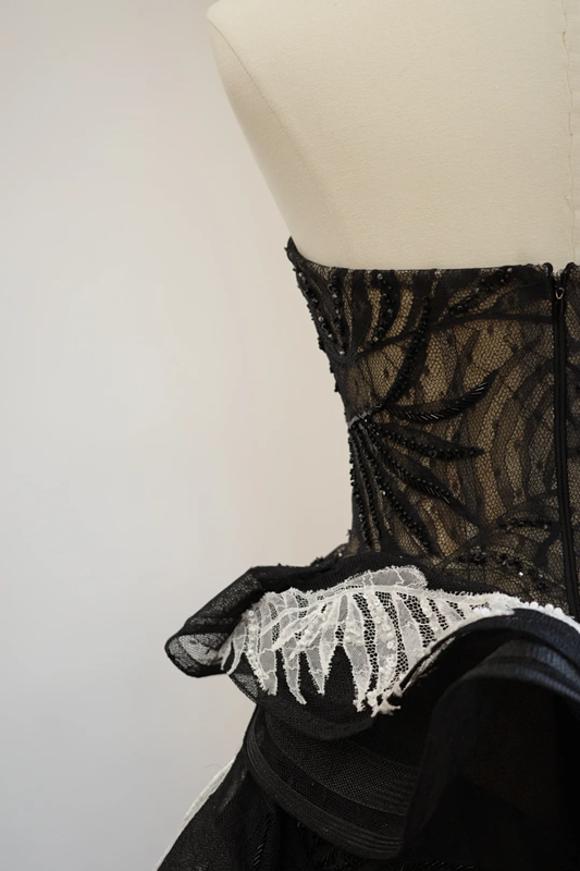 Black strapless lace dress with a fitted waist and full skirt, long ball gown R8541