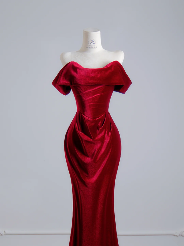 Deep red off-the-shoulder fitted waist bodycon long ball gown, bridal dress R8136
