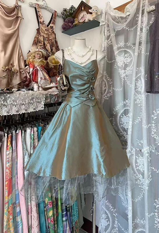 Gray-green halter-neck A-line mini dress, sexy prom dress R7509