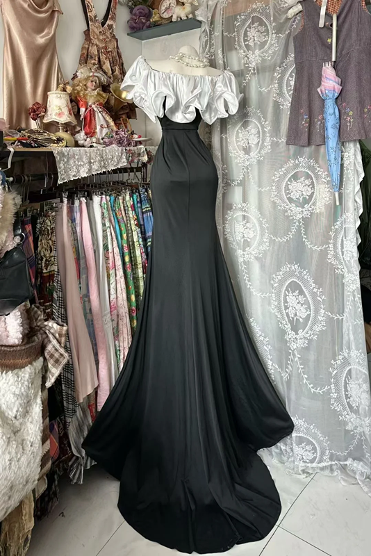 White ruffled neckline, black fitted fishtail long ball gown R7583