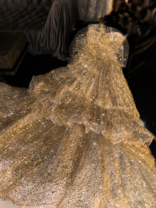 Gold sequined, fitted waist, cake skirt, long ball gown/bridal dress R8727