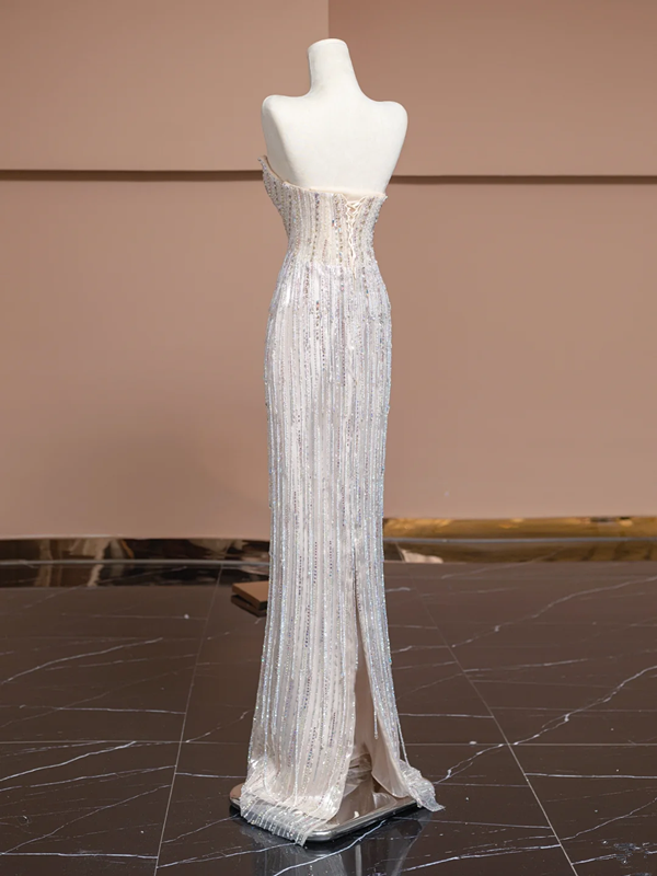 Light-colored strapless rhinestone-embellished fitted long elegant ball gown, bridal dress R8329