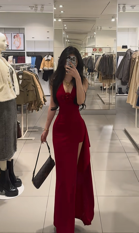 Red halter-neck, fitted waist, and slit long ball gown - sexy and charming R7778