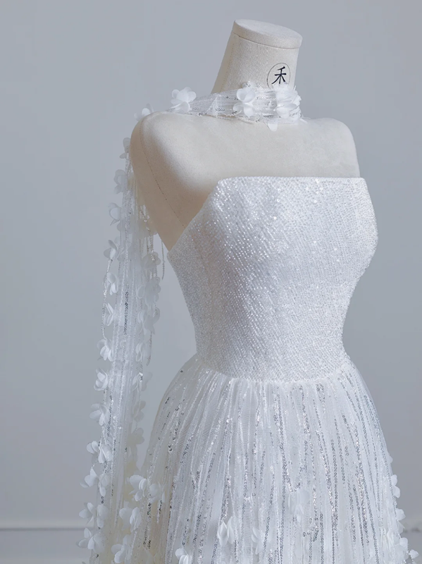 White strapless, heavily embellished, fitted long ball gown R8216