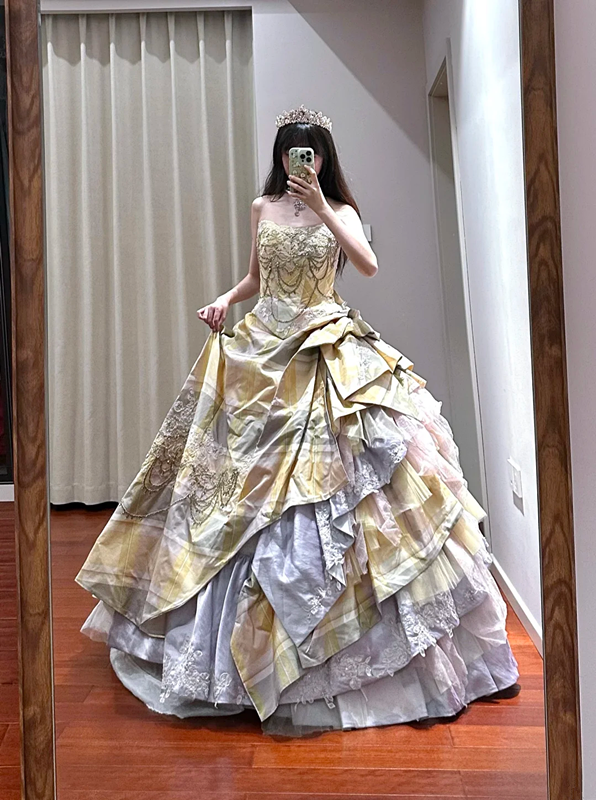 Light yellow strapless, fitted waist, full skirt, long ball gown R8635